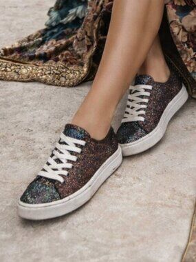 Saint Laurent Bedford Glitter Midnight Moon Smudge Sole Lace Up Sneaker Size 37